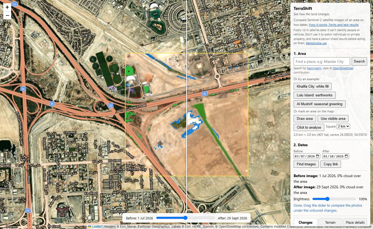 The TerraShift tool on Khalifa City south, Abu Dhabi: before and after photos split by a slider, blue squares on a plot of new white fill, and the results panel on the right